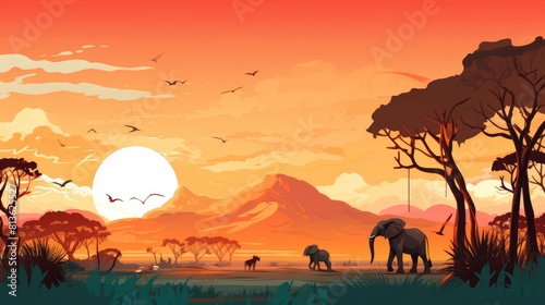 Safari adventure photo realistic illustration - Generative AI. Savannah  elephants  tree  sunset.