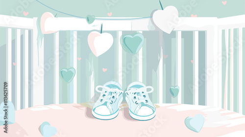 Cute baby shoes on white crib Vector style vector design  photo