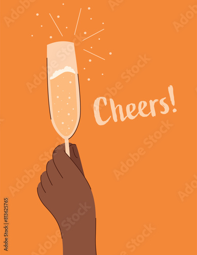 Cheers written next to a hand holding a champagne glass. Congratulatory poster or card. Vector illustration in cartoon flat style.