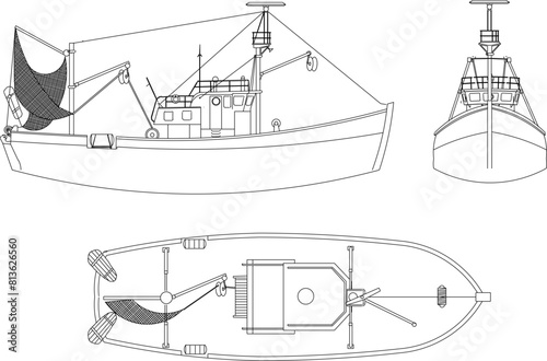 vector illustration, sketch, design, drawing, marine vehicle, deep sea fishing vessel