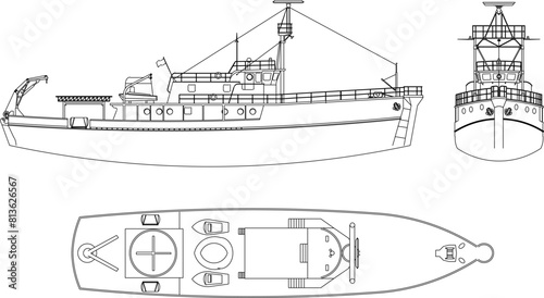 vector illustration, sketch, design, drawing, marine vehicle, deep sea fishing vessel