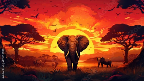 Safari adventure photo realistic illustration - Generative AI. Savannah, elephants, tree, sunset.
