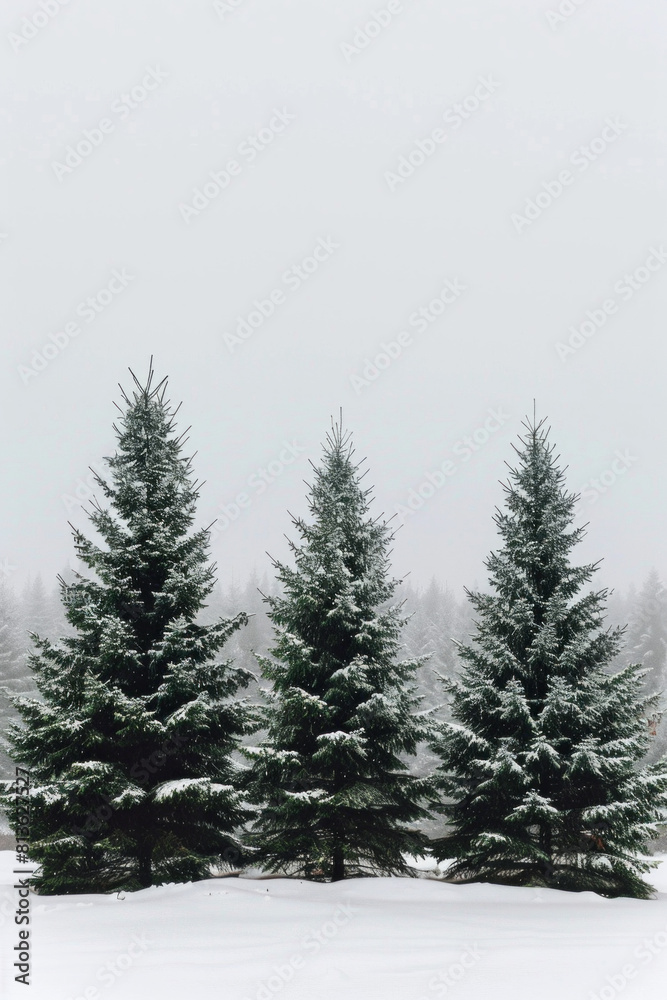 Capture the quiet beauty of a snow-covered evergreen forest, with tall trees standing tall against a backdrop of pristine white snow. The minimalist composition, with just the trees and snow. Capture the quiet beauty of a snow-covered evergreen forest, with tall trees standing tall against a backdrop of pristine white snow. The minimalist composition, with just the trees and snow.
