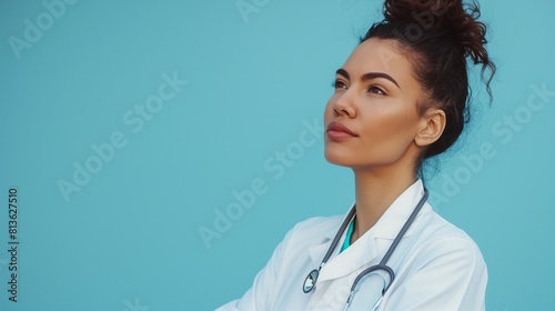 A medical worker, a nurse, a doctor in a white coat on a blue background. Medical concept, healthcare. 