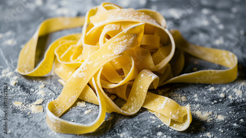 Raw yellow italian pasta pappardelle, fettuccine or tagliatelle on a blue background, close up. Egg homemade noodles cooking process, long rolled macaroni, uncooked spaghetti .