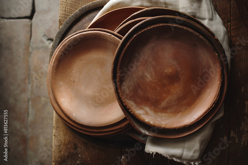 Aerial view of a few clay plates with a napkin on sunlit surface © Colinekot