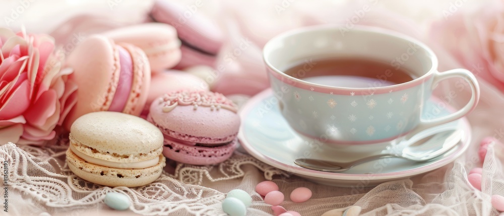 Obraz premium collection of pastel colored macarons and tea cups on a delicate lace tablecloth, high tea theme