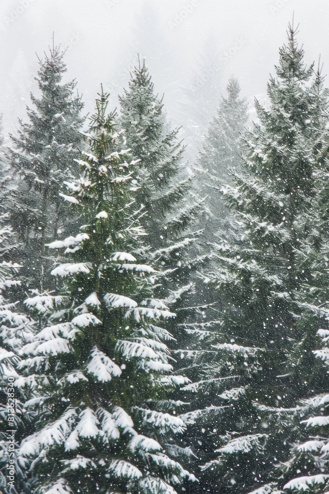 Capture the quiet beauty of a snow-covered evergreen forest, with tall trees standing tall against a backdrop of pristine white snow. The minimalist composition, with just the trees and snow.