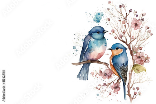 Vibrant bluebird perched on blooming branch with flowers
