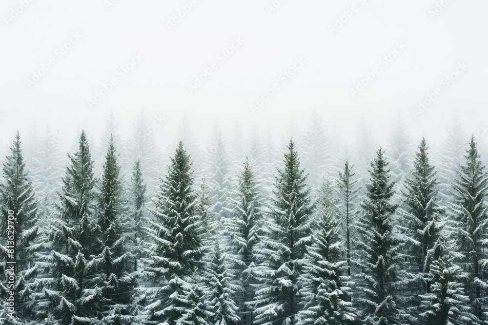 Capture the quiet beauty of a snow-covered evergreen forest, with tall trees standing tall against a backdrop of pristine white snow. The minimalist composition, with just the trees and snow.