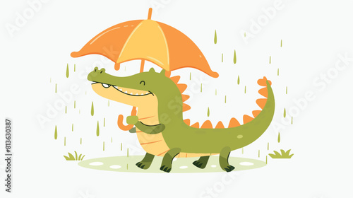 Cute happy crocodile walking under umbrella in rainy