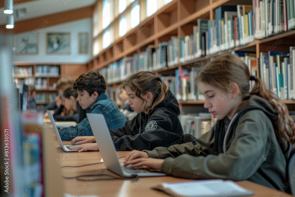 children use the laptops in the library. generative ai children use the laptops in the library. generative ai