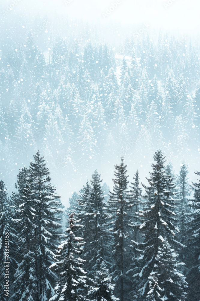 Capture the quiet beauty of a snow-covered evergreen forest, with tall trees standing tall against a backdrop of pristine white snow. The minimalist composition, with just the trees and snow.