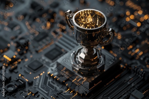 Glowing Trophy on a Circuit Board Background
