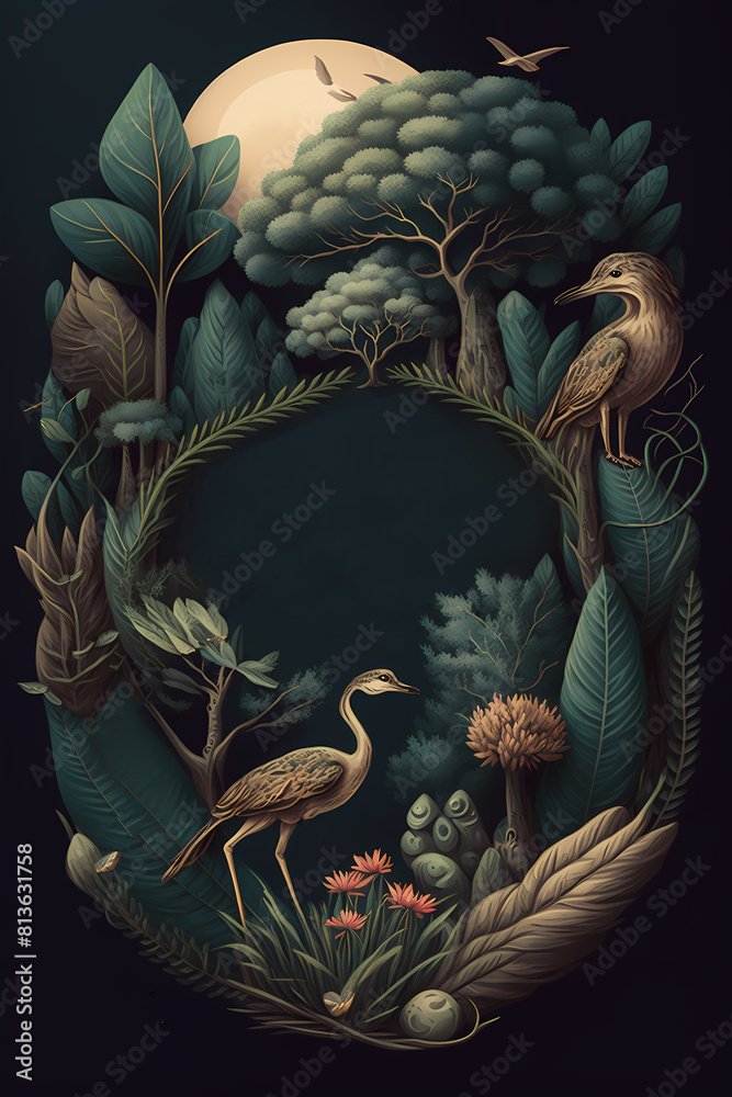 A bird in nature surrounded by trees and flowers. Dark artistic illustration A bird in nature surrounded by trees and flowers. Dark artistic illustration