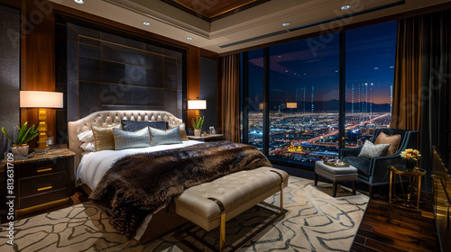 A luxurious master bedroom with a king-size bed  plush bedding  and elegant decor  featuring a panoramic view of city lights at night