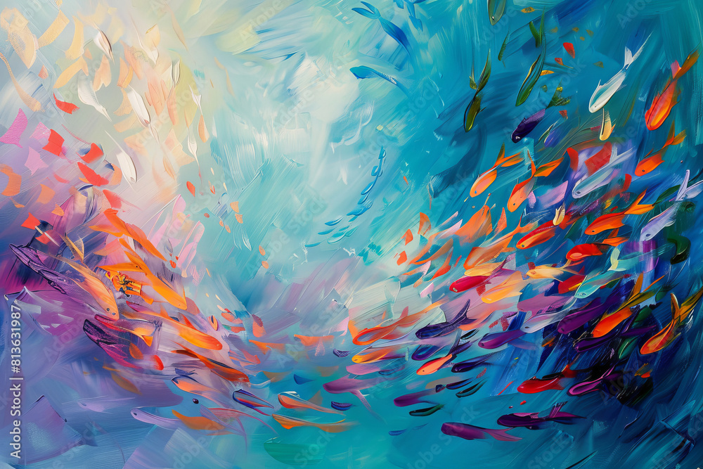 Abstract oil painting of fish swimming in the sea with prominent brushstrokes Abstract oil painting of fish swimming in the sea with prominent brushstrokes