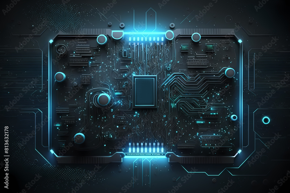 Fototapeta premium Computer motherboard with glowing blue light electronic circuit.