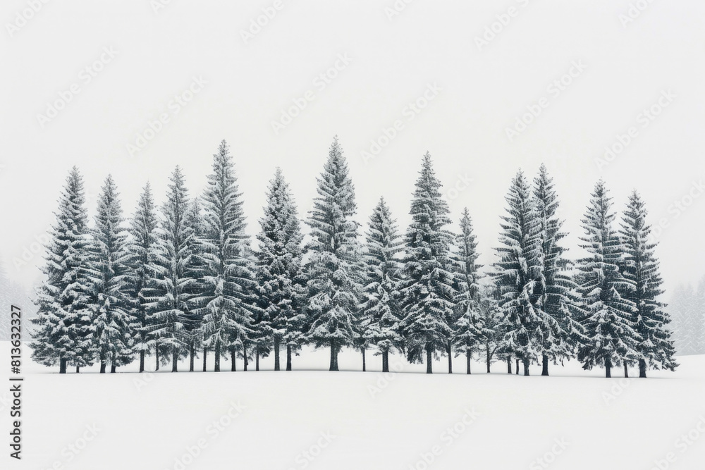 Capture the quiet beauty of a snow-covered evergreen forest, with tall trees standing tall against a backdrop of pristine white snow. The minimalist composition, with just the trees and snow. Capture the quiet beauty of a snow-covered evergreen forest, with tall trees standing tall against a backdrop of pristine white snow. The minimalist composition, with just the trees and snow.