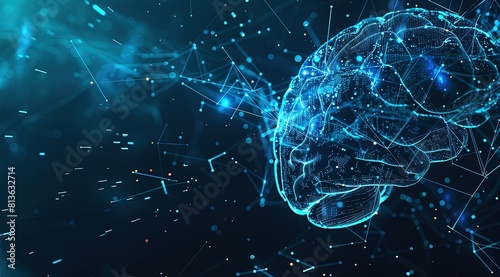 Digital brain and neural network concept with blue glowing light effect, AI technology background
