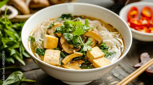 Savor the Richness of Vegan Delights: Tempting Bowl of Mushroom and Tofu Vermicelli Soup with Fresh