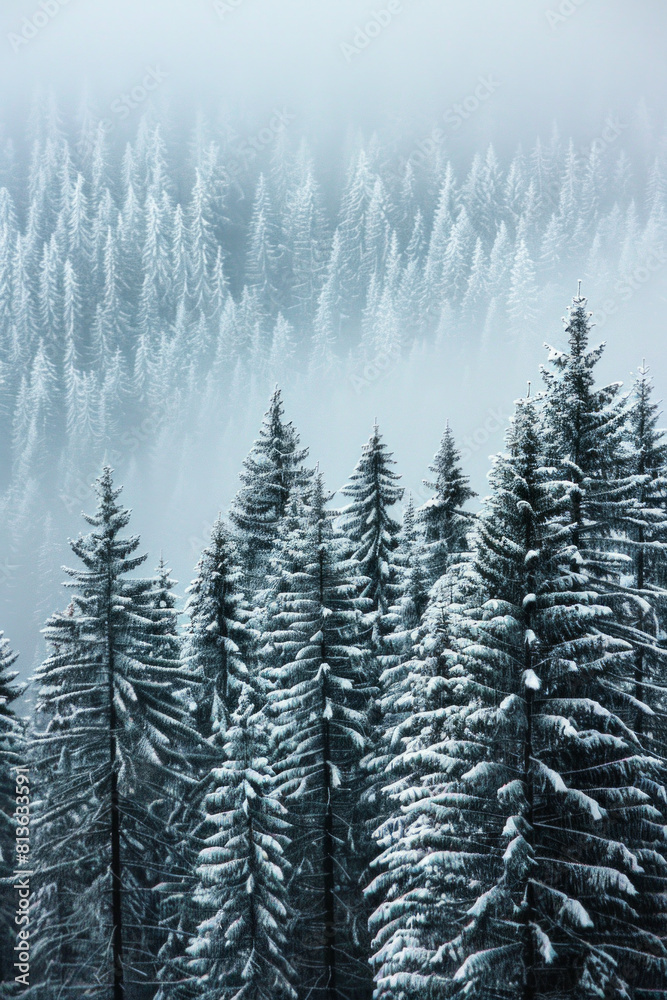 Obraz premium Capture the quiet beauty of a snow-covered evergreen forest, with tall trees standing tall against a backdrop of pristine white snow. The minimalist composition, with just the trees and snow.