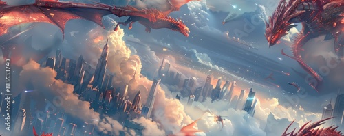 Capture an epic clash between holographic drones and fire-breathing dragons Show the dragons looming large over the ultra-modern cityscape
