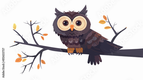 Cute owl with tilted leaned head sitting on tree bran