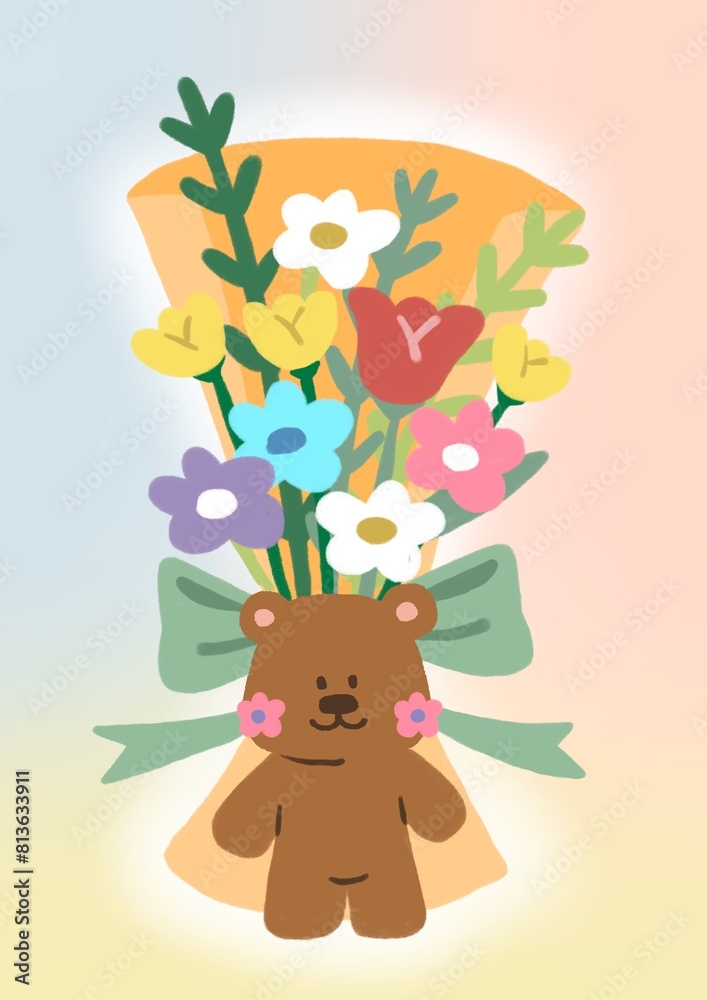 Naklejka premium cute teddy with colorful flower on gradient rainbow background congratulations card, illustration card.