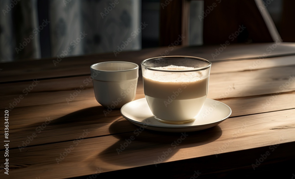 Warm sunlight bathes a tranquil coffee setup on a wooden table, creating a cozy ambiance