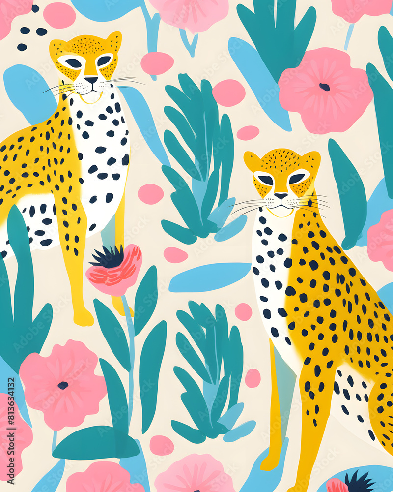 Obraz premium Leopard drawing cartoon seamless pattern