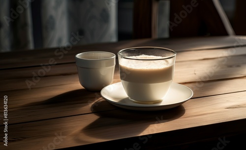 Warm sunlight bathes a tranquil coffee setup on a wooden table, creating a cozy ambiance