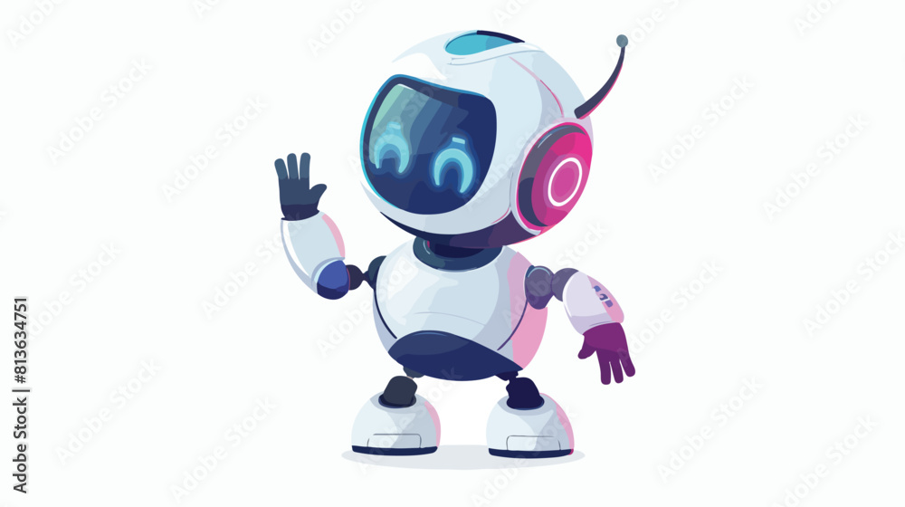 Cute robot toy waving with hand gesturing hi. Funny