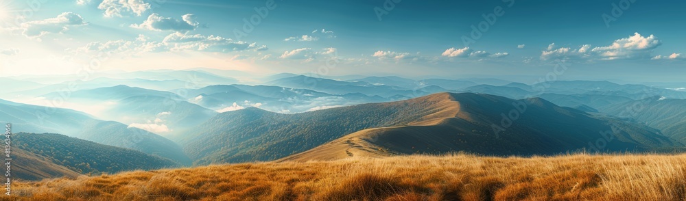 A panoramic view of the Carpathian Mountains, with sun rays breaking through clouds over a vast landscape A panoramic view of the Carpathian Mountains, with sun rays breaking through clouds over a vast landscape