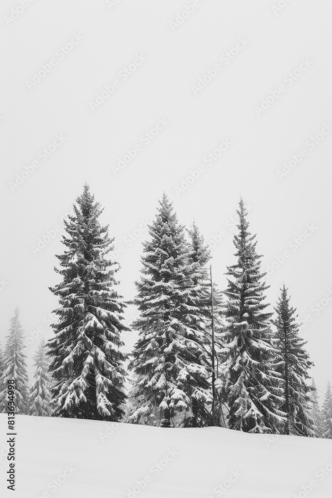 Fototapeta premium Capture the quiet beauty of a snow-covered evergreen forest, with tall trees standing tall against a backdrop of pristine white snow. The minimalist composition, with just the trees and snow.