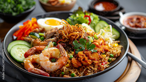Sizzling Indonesian Nasi Goreng: Delicious Plate of Fried Rice with Succulent Shrimp