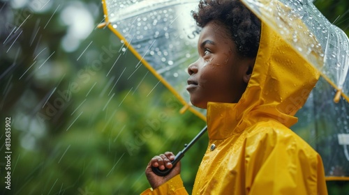 Child in Yellow Raincoat with Umbrella photo