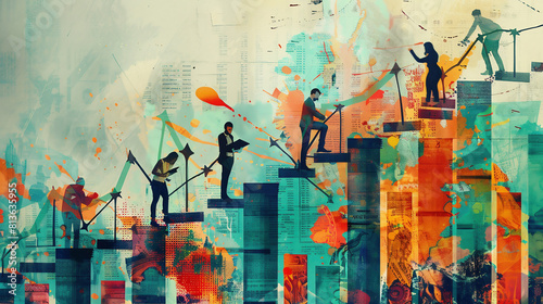 Financial dynamics and stock market. People, employees working on success, growing finances. Contemporary art collage. Concept of financial literacy, economic, business