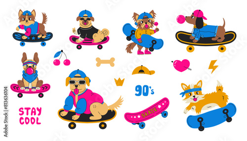 Dog Skateboard cartoon vector set. Funny cool small breed puppies skateboarders wearing 90s fashion clothes and accessories. Y2k pet collection of illustrations