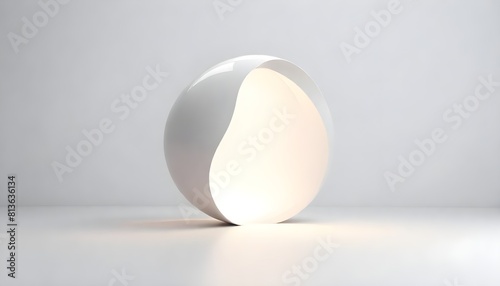 A white table lamp with an oblong shape sits on a surface, providing illumination in a room