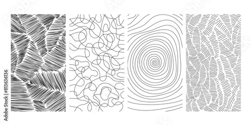Hand drawn black and white texture backgrounds set. Rough grunge line textured phone wallpapers, sketch scribble templates collection for for social media. Vector illustration, 1920 x 1080 ratio