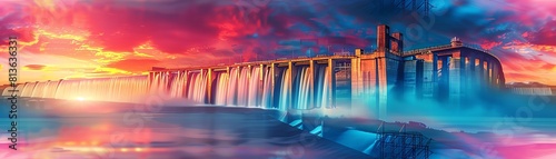 Produce a captivating Pop Art composition highlighting hydroelectric dams from a low-angle view Infuse the scene with vivid colors and abstract shapes