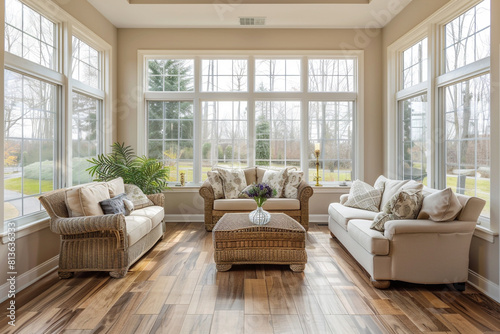 Airy sunroom with large windows  natural wood floors  and a neutral beige furniture set.