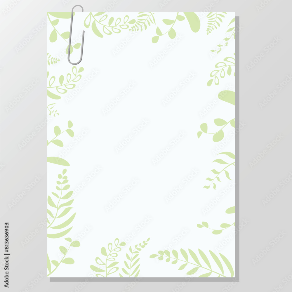 Paper sheet with herbs and metal clip on gray background. Notebook page, document. Design template or mockup. Vector illustration Paper sheet with herbs and metal clip on gray background. Notebook page, document. Design template or mockup. Vector illustration