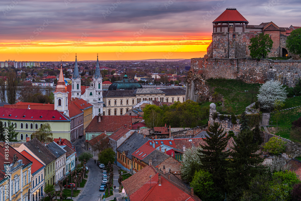 The sunset sky behind the Castle of Esztergom in Hungary.