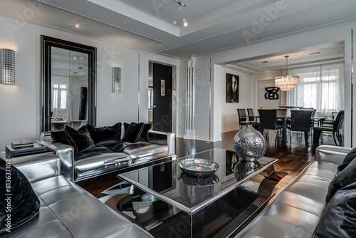 Sleek art deco living room with chrome finishes and a dramatic black and white color scheme.