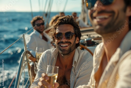 Man enjoying a luxurious yachting experience with friends on a sunny day. Act of toasting with a glass of champagne. Friendship, luxury, and the enjoyment of life's finer moments.