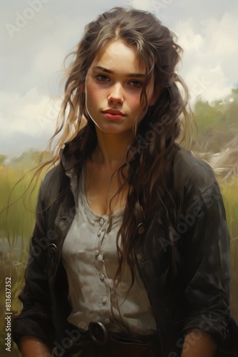 Portrait of a character, a female human rogue with long brown hair and pale skin wearing a black jacket over a grey shirt, standing in a field, in the style of a fantasy painting. 