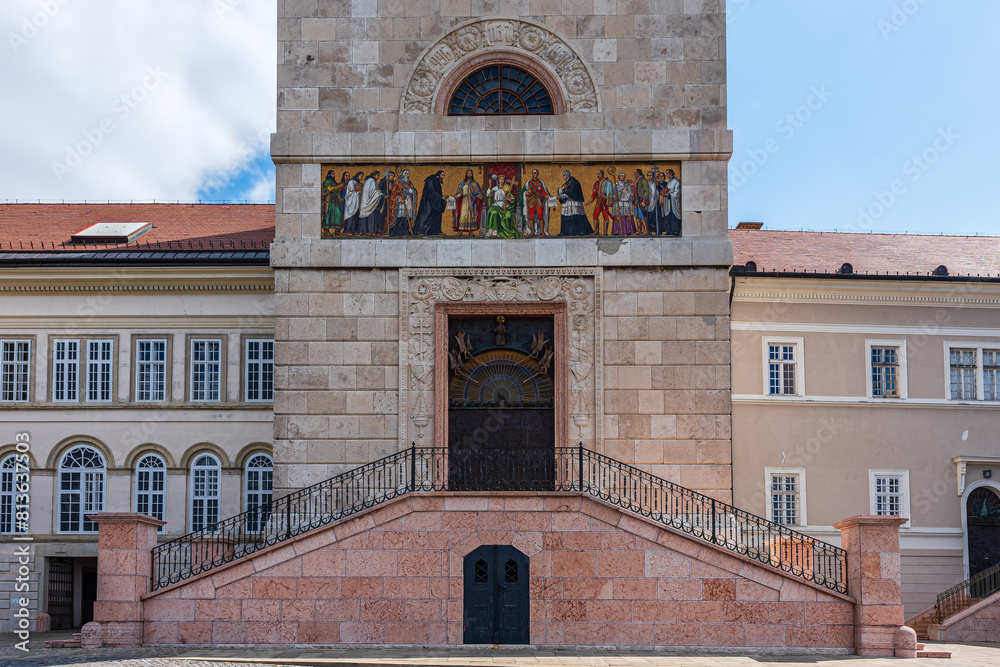 The basilica front facade of the UNESCO world heritage site Benedictine monastery Pannonhalma Archabbey in Hungary.