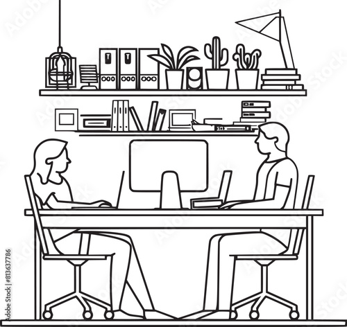 vector illustrations with flat cartoon characters working in office, co-working space or remotely at home, freelance, self-employment. People work at computers and laptops in modern interior.